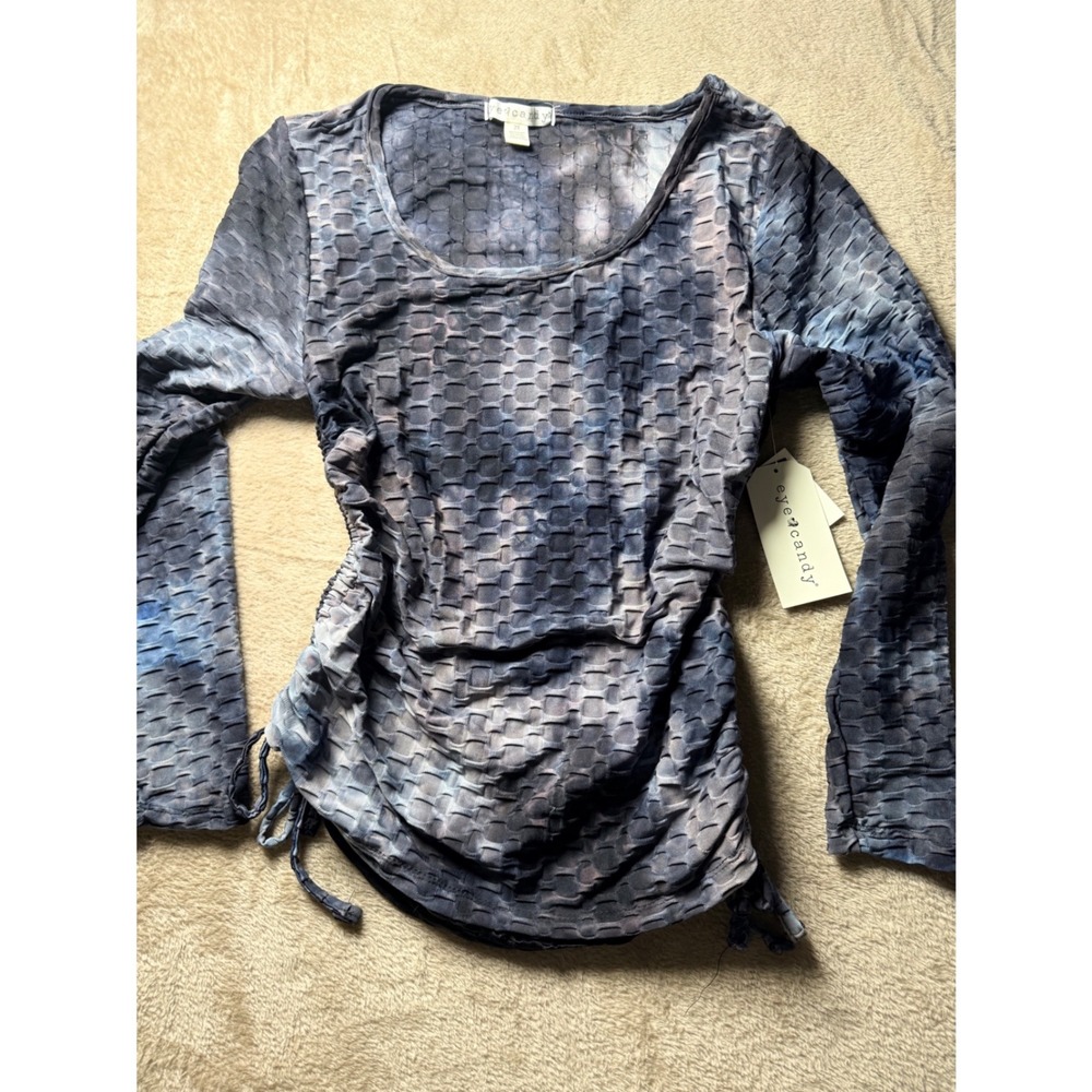 Y2K Eye Candy Womens 2X Blue‎ Tie Dye Ruched Long Sleeve Top NWT grunge